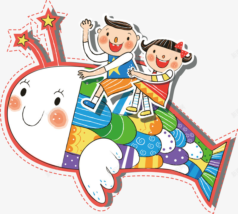 飞翔中的小男孩和小女孩矢量图ai免抠素材_新图网 https://ixintu.com 创意卡通 卡通人物 小女孩 小男孩 飞鱼 矢量图