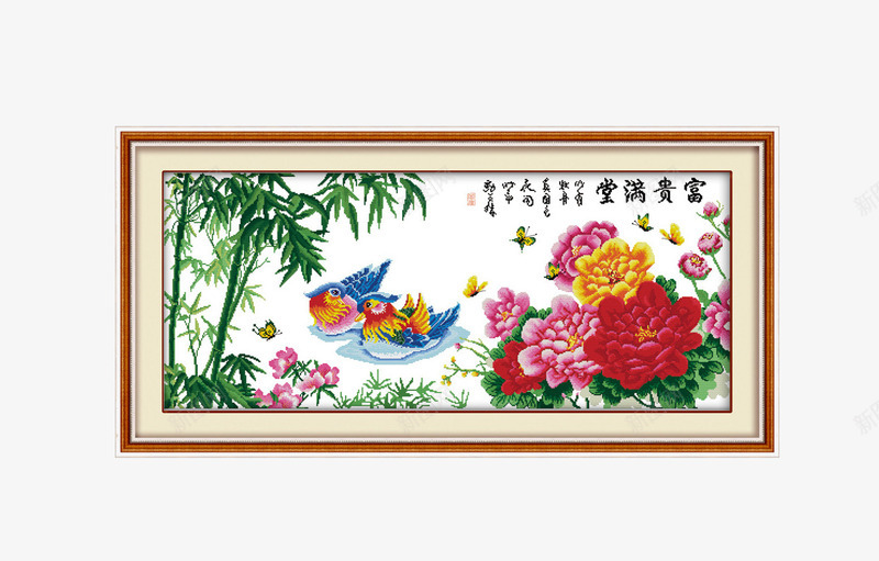 富贵满堂印花十字绣挂画png免抠素材_新图网 https://ixintu.com 产品实物 十字绣花开富贵 印花十字绣 客厅挂画 挂画 竹子图案
