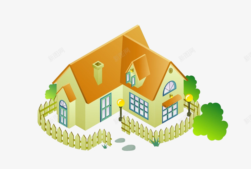 可爱房屋png免抠素材_新图网 https://ixintu.com 别墅 卡通设计 家园 房子 栏杆 树木 橙色 灯 窗户 篱笆 院子