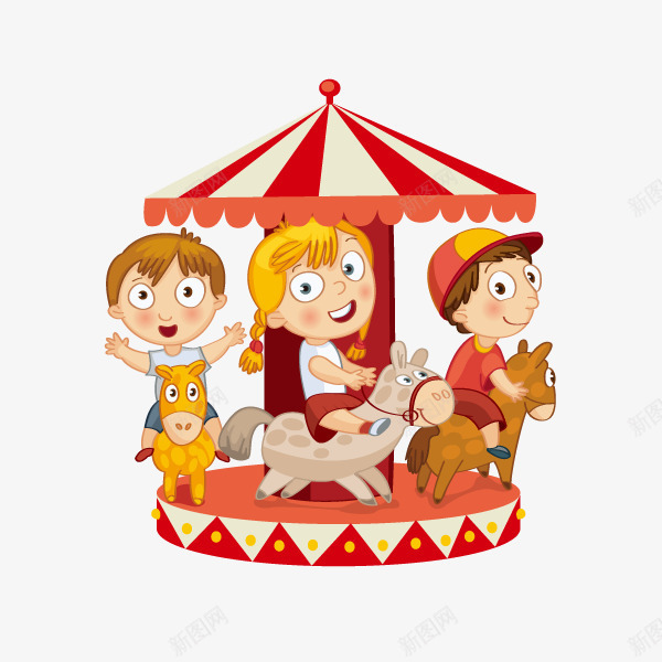 手绘卡通旋转木马png免抠素材_新图网 https://ixintu.com 卡通儿童 卡通女孩 卡通旋转木马 卡通男孩 游乐场 游乐城