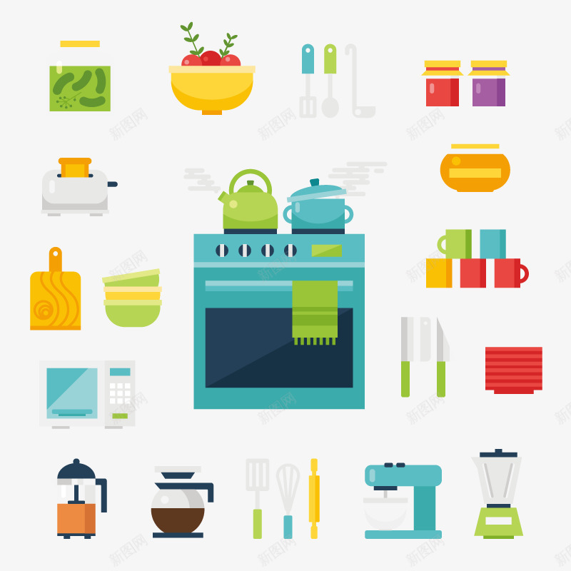 厨房生活用品图标场景矢量图eps_新图网 https://ixintu.com 厨房 厨房生活用品图标场景设计 美味 锅碗瓢勺 餐厅 矢量图