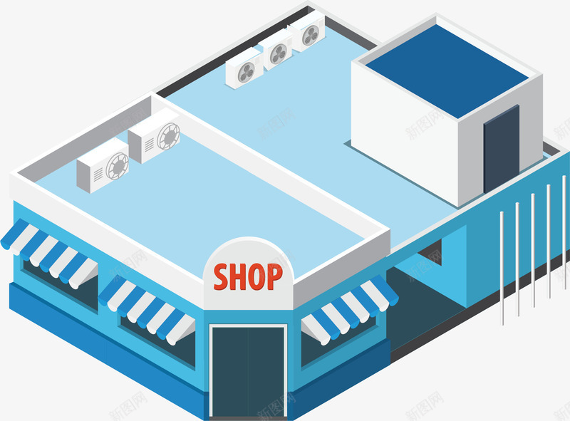蓝色卡通超市矢量图ai免抠素材_新图网 https://ixintu.com 卖东西 房屋 方便 生活用品 蓝色 超市 矢量图