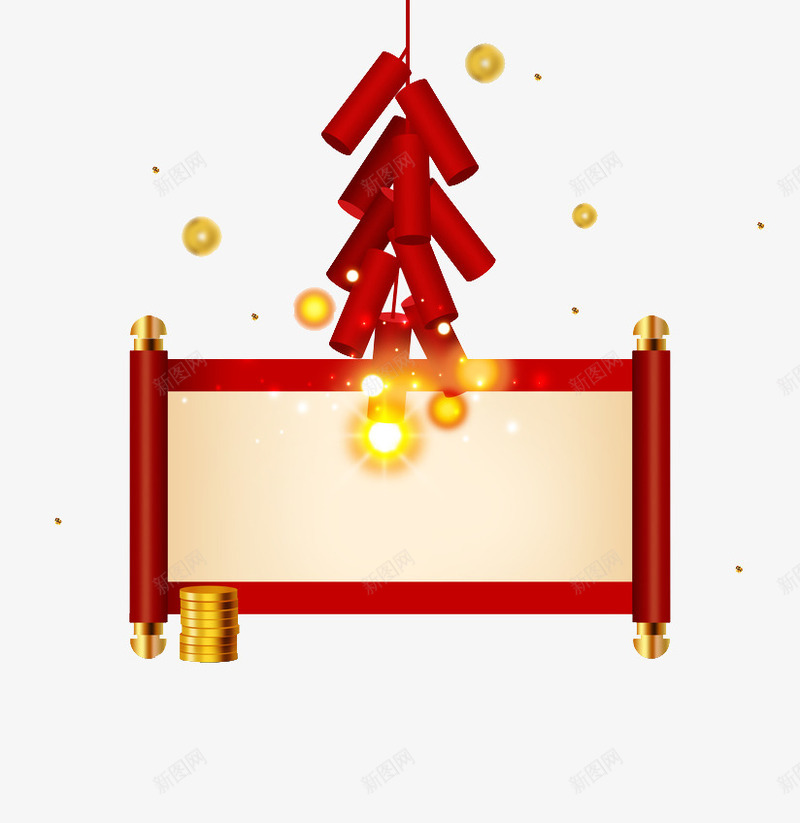 手绘炮竹新年装饰图png免抠素材_新图网 https://ixintu.com 中国风 卡通 插图 横幅 炮竹 红色的 金币 鞭炮