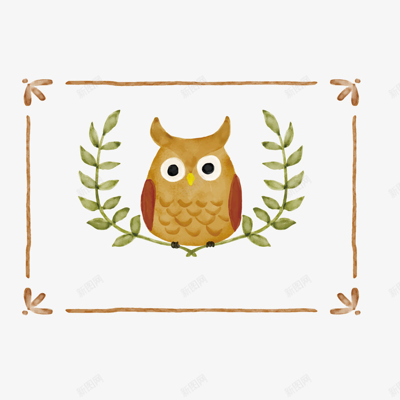 彩绘猫头鹰植物png免抠素材_新图网 https://ixintu.com 卡通猫头鹰 卡通边框 手绘动物 绿色叶子 背景装饰