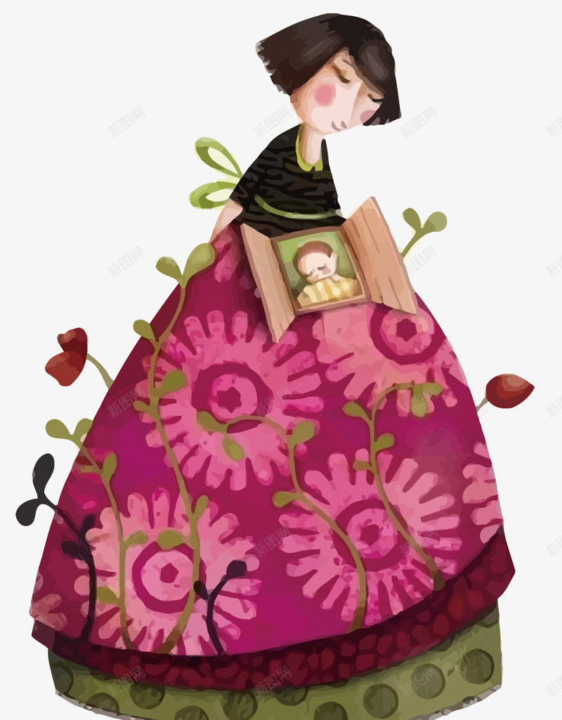 孕妇png免抠素材_新图网 https://ixintu.com 卡通 孕妇 小孩 彩绘 手绘 母婴 水彩 窗户 花朵