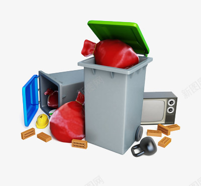 垃圾箱里的各种垃圾png免抠素材_新图网 https://ixintu.com 卫生 收集 电视机 红色袋子