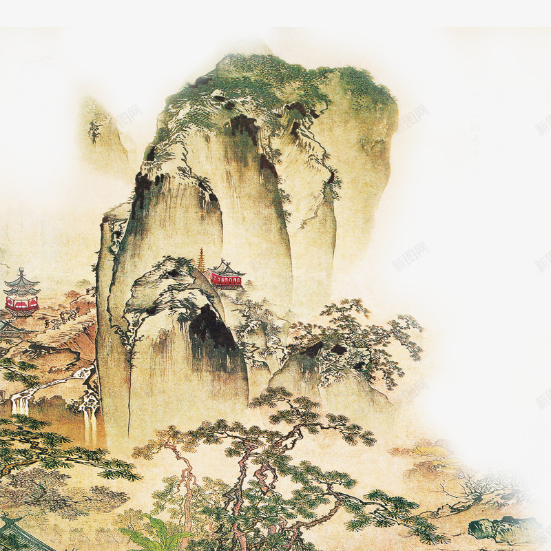 山峰png免抠素材_新图网 https://ixintu.com 亭子 土黄色 山峰 树木 灰色
