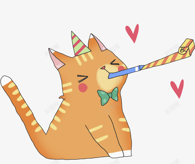 橙色猫咪png免抠素材_新图网 https://ixintu.com 吹哨子 尾巴 手绘 条纹 橙色 爱心 猫咪 纹蝴蝶 花纹 蝴蝶结