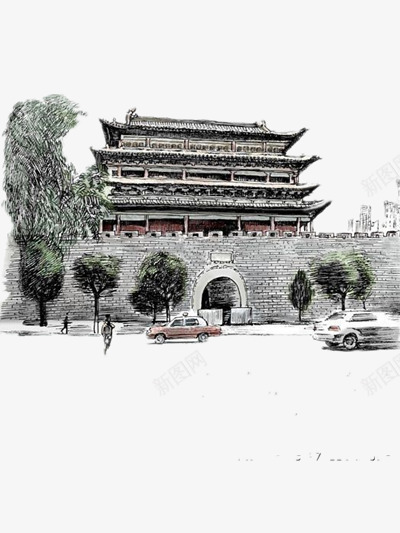 手绘城楼png免抠素材_新图网 https://ixintu.com 古城 城门 树木 汽车