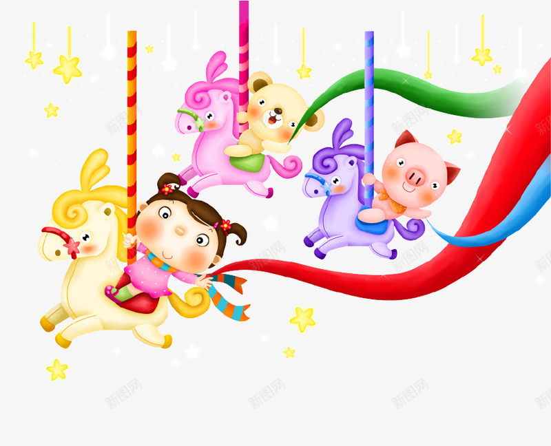 卡通儿童旋转木马插画psd免抠素材_新图网 https://ixintu.com 儿童 儿童节 孩子 小动物 插画 旋转木马 海报