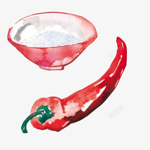 红椒米饭手绘画片png免抠素材_新图网 https://ixintu.com 尖椒 手绘色彩画 白米饭 红色辣椒 红色饭碗