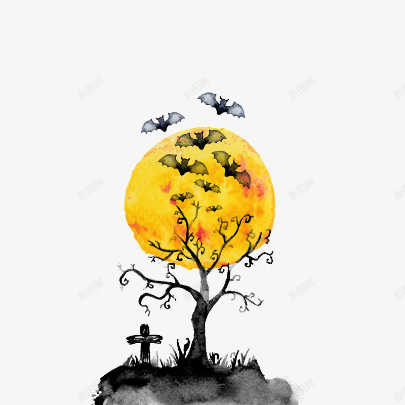 水彩万圣节月夜矢量图ai免抠素材_新图网 https://ixintu.com 万圣节 月夜 树木矢量素材 水彩 节日背景装饰 矢量图