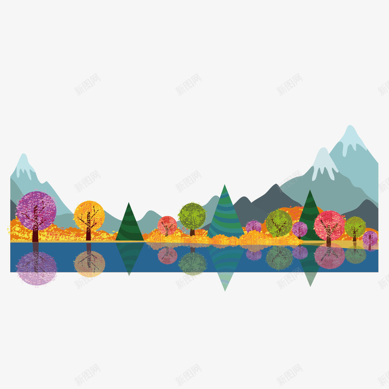 彩绘山水画矢量图ai免抠素材_新图网 https://ixintu.com 山 彩绘画 树 水 矢量图