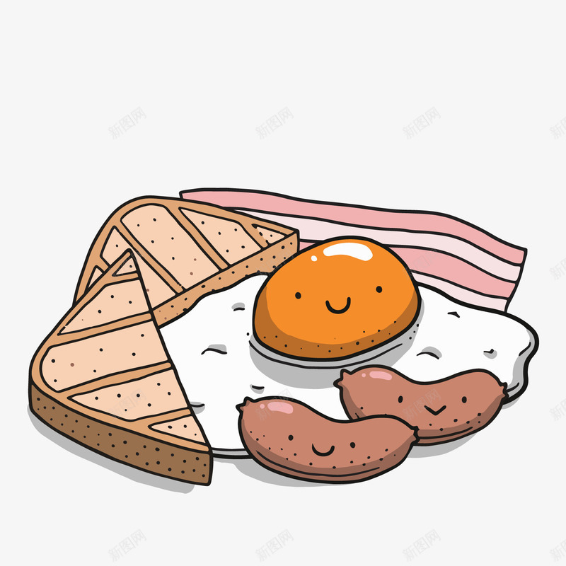 彩绘可爱早餐食物png免抠素材_新图网 https://ixintu.com 卡通食物 可爱早餐 手绘早餐 火腿肠 煎鸡蛋 面包