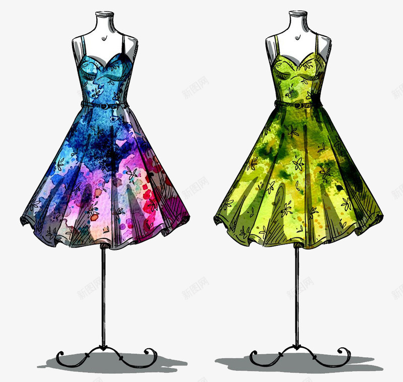 水彩服饰png免抠素材_新图网 https://ixintu.com 裙子水彩墨迹女性服饰服装印花设计
