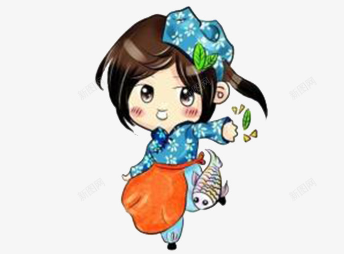 蓝衣小厨娘png免抠素材_新图网 https://ixintu.com 卡通 卡通人物 卡通女孩 卡通小厨娘 厨房 小厨娘 橙色围兜 蓝布花衣 蓝衣女孩 鱼儿