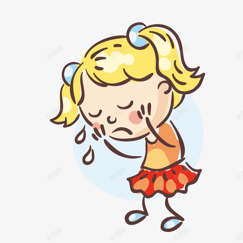 手绘哭泣的小女孩矢量图