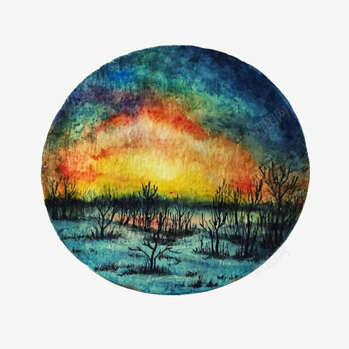 夕阳油画片psd免抠素材_新图网 https://ixintu.com 圆形构图 夕阳 日出 树木 油画风景 蓝色 黄色