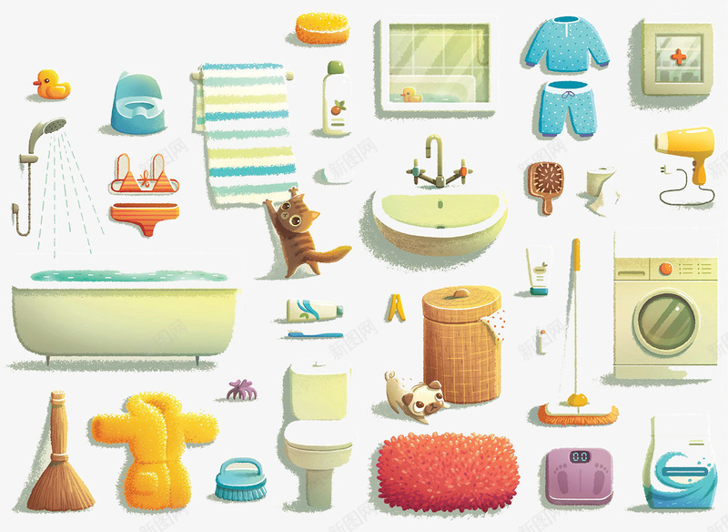 卡通室内浴室物品图标png_新图网 https://ixintu.com 卡通室内浴室物品图标 彩绘图标 手绘效果物品