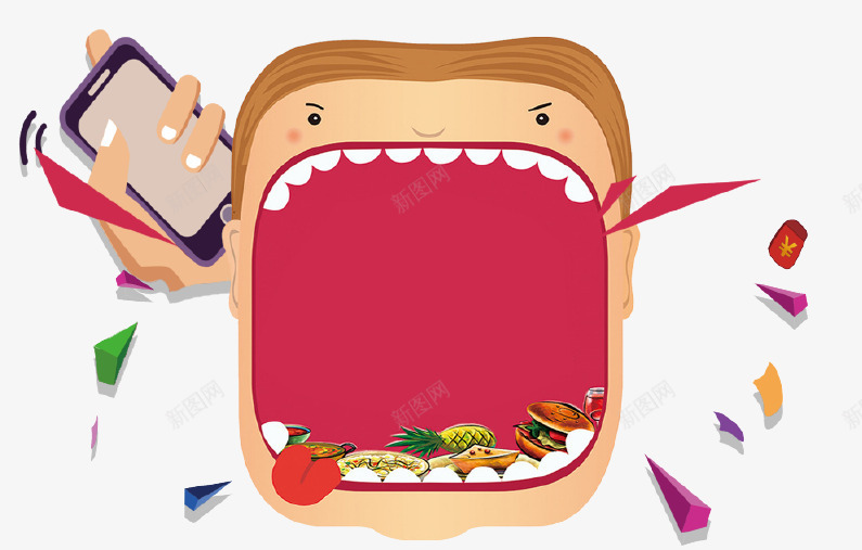 卡通促销活动吃货节插画psd免抠素材_新图网 https://ixintu.com 促销 卡通 大嘴 手机 插画 活动 海报