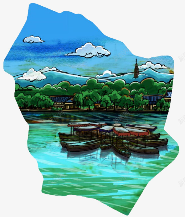 绿色清新手绘旅游杭州地标图png免抠素材_新图网 https://ixintu.com 地标 手绘风景图 旅游 杭州 杭州地标 西湖 风景彩绘