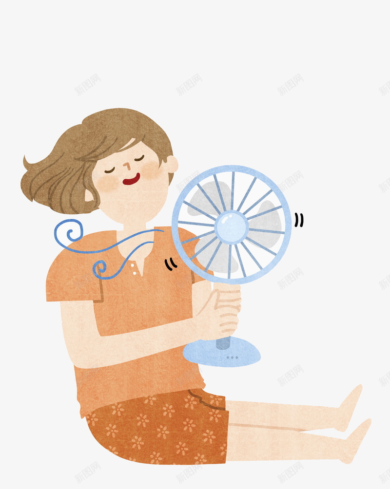 小女孩拿着风扇对着自己吹png免抠素材_新图网 https://ixintu.com 上衣 卡通 夏天 女孩 手绘 橙色 炎热 炎热卡通人物 短发 风扇 风扇卡通图