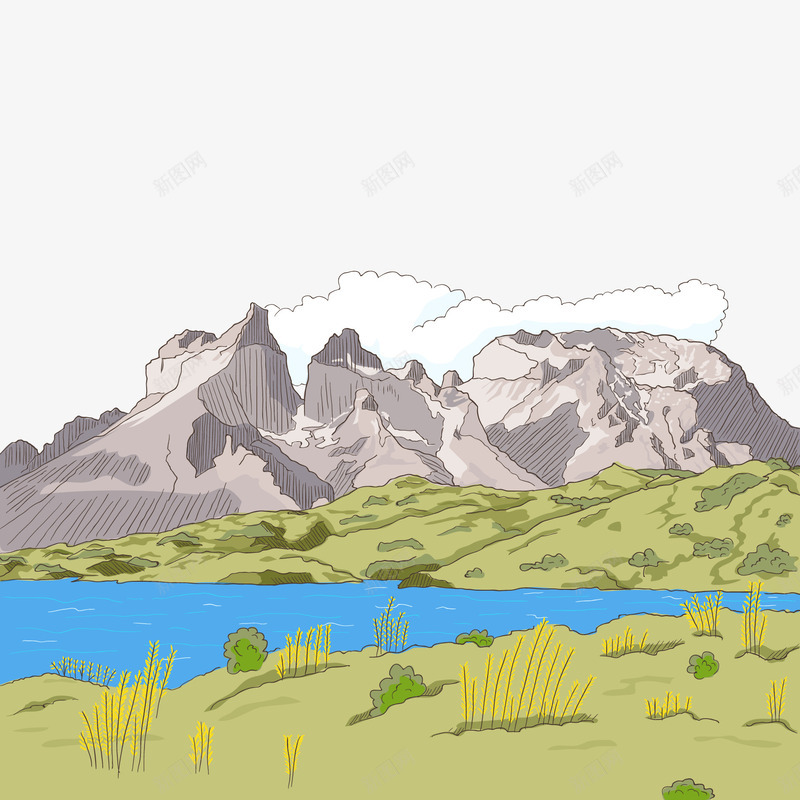 彩绘山与河流风景png免抠素材_新图网 https://ixintu.com 山川 户外 森林 植物 河流 野外 雪山 风景