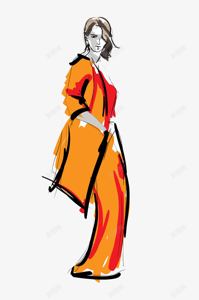 橙色手绘服饰png免抠素材_新图网 https://ixintu.com 手绘美女 时尚美女 服装设计手稿