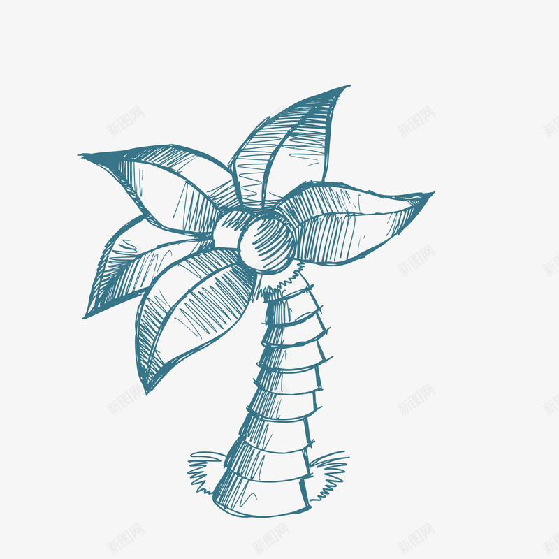 素描椰子树png免抠素材_新图网 https://ixintu.com 手绘 椰子 椰子树 沙滩 海边 绘画 蓝色椰子树