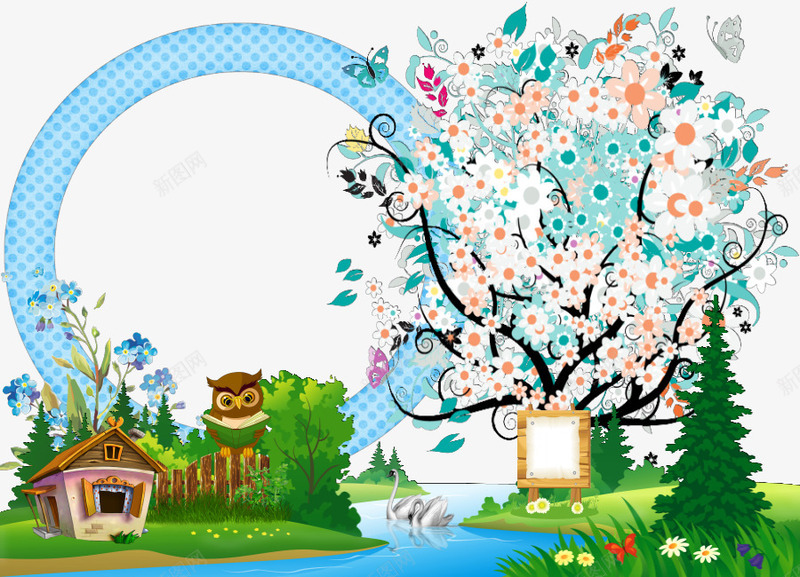 相框png免抠素材_新图网 https://ixintu.com 创意花树 小河 树木 植物 猫头鹰 相框