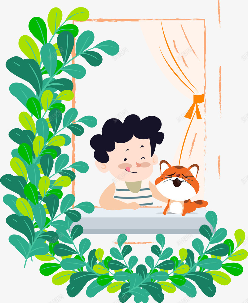 小清新趴在窗台上的小孩矢量图ai免抠素材_新图网 https://ixintu.com 卡通插画 小清新趴在窗台上的小孩 插画 插画装饰 插画设计 绿色树叶 趴在窗台上的小孩 矢量图