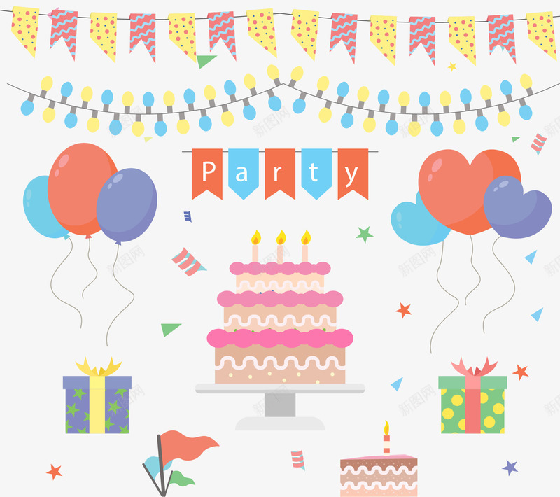 三层粉色生日蛋糕png免抠素材_新图网 https://ixintu.com 彩旗 彩灯挂饰 生日蛋糕 矢量素材 粉色蛋糕