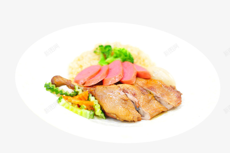 美味火腿肠卤鸭腿饭png免抠素材_新图网 https://ixintu.com 卤味饭 快餐 法式鹅肝 烧味拼盘精致美食 烧味饭 盖饭 西蓝花 青菜 鸭腿饭