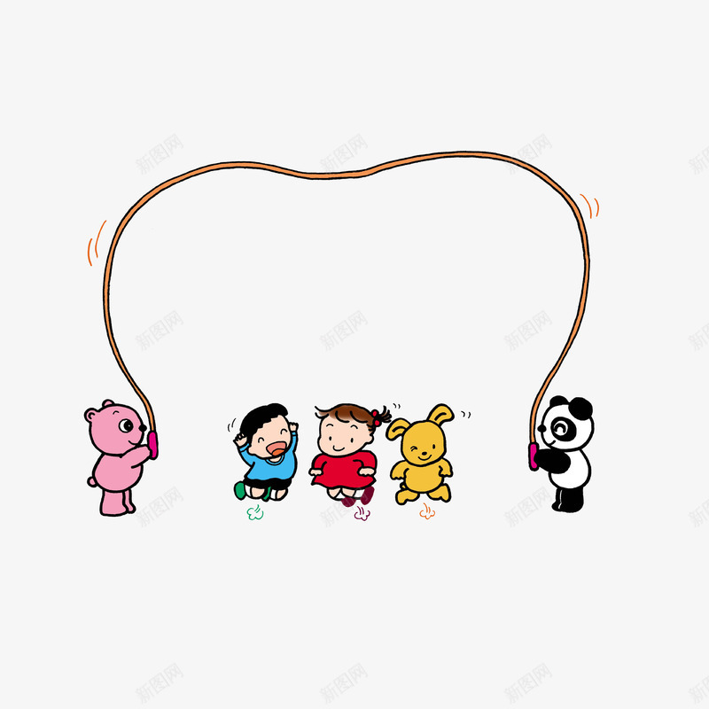 卡通开心跳绳的小孩和动物psd免抠素材_新图网 https://ixintu.com 中小学开学日 动物和小孩 卡通手绘 玩跳绳