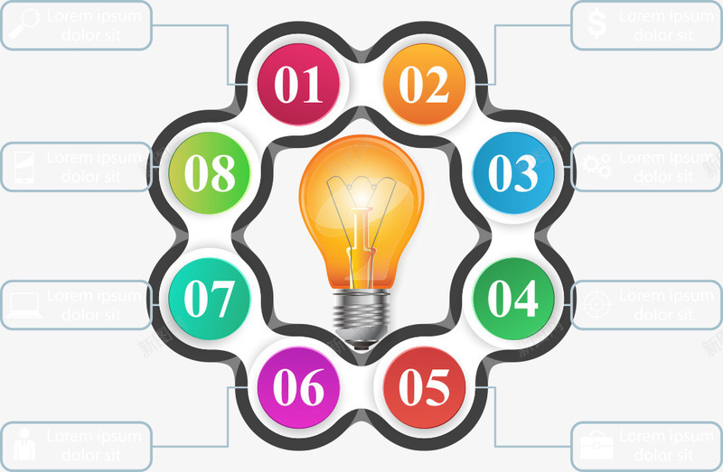 彩色圆环灯炮信息png免抠素材_新图网 https://ixintu.com PPT图形 PPT图表 商务信息 彩色圆环 数字 灯泡 灯炮信息