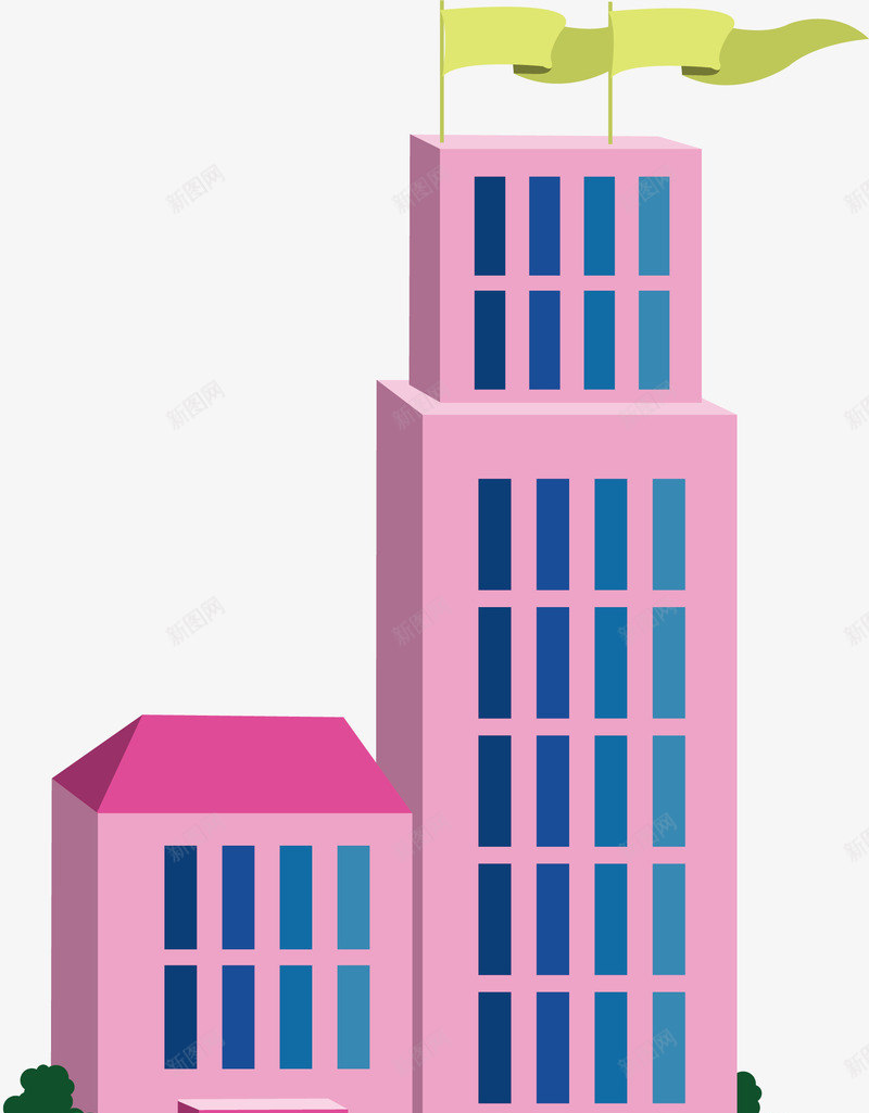旗子楼房png免抠素材_新图网 https://ixintu.com 卡通 居民区剪影 彩旗 楼房 科技楼 科技楼房 科技楼梯