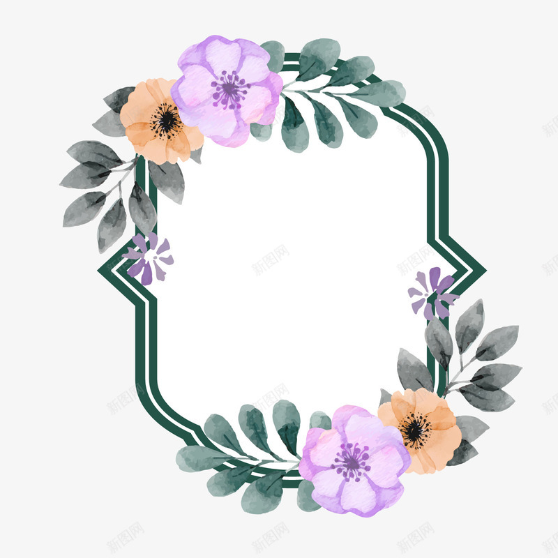 水彩绘彩色花朵植物边框png免抠素材_新图网 https://ixintu.com 彩色花朵 文案 文案背景 水彩绘 绿色叶子 绿色边框
