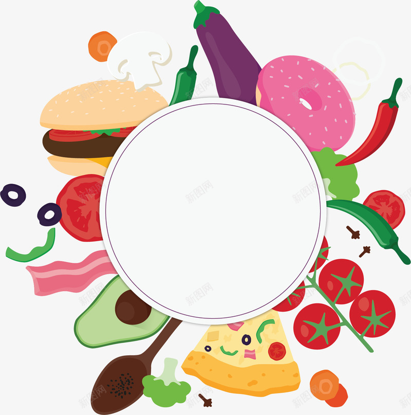 飞舞美味食物边框矢量图ai免抠素材_新图网 https://ixintu.com 卡通美食 矢量png 美味食物 美食 美食花纹 美食边框 矢量图