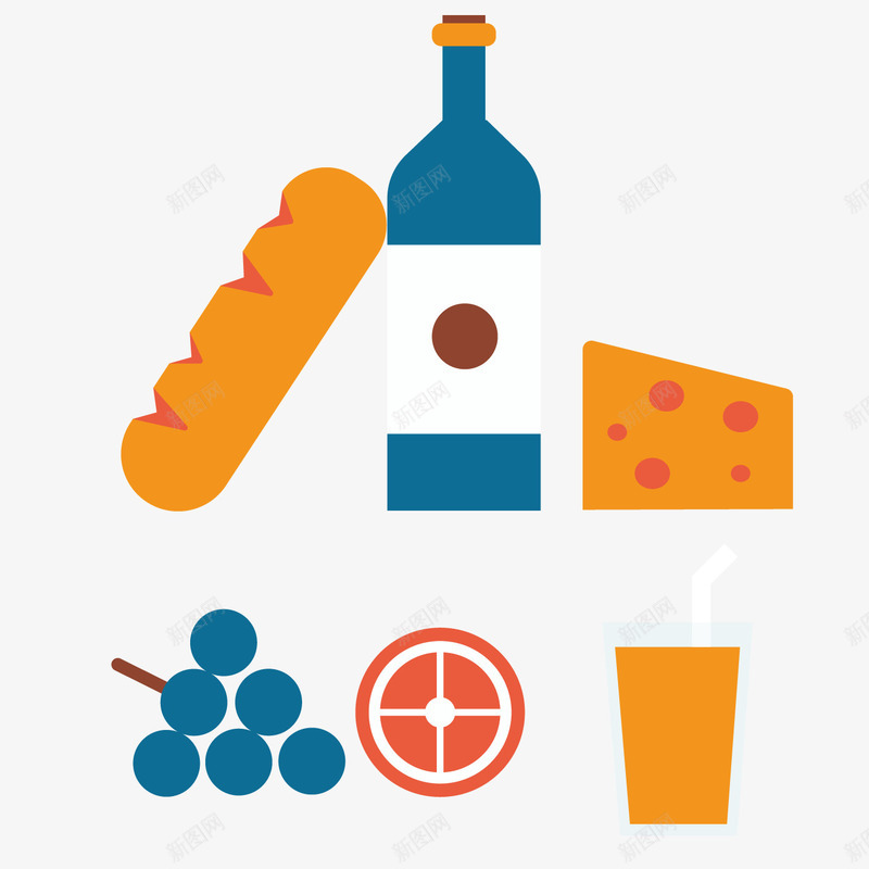扁平化红酒面包矢量图ai免抠素材_新图网 https://ixintu.com 扁平化 红酒 葡萄 面包 矢量图