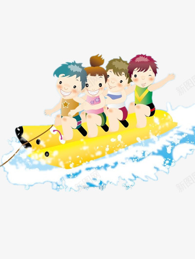 四个小孩海上玩乐png免抠素材_新图网 https://ixintu.com 可爱 大海 皮划艇 紫色 黄色