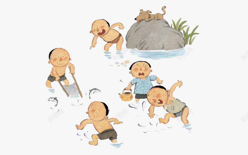 卡通小孩抓鱼png免抠素材_新图网 https://ixintu.com 卡通 小朋友 小河 小狗 鱼