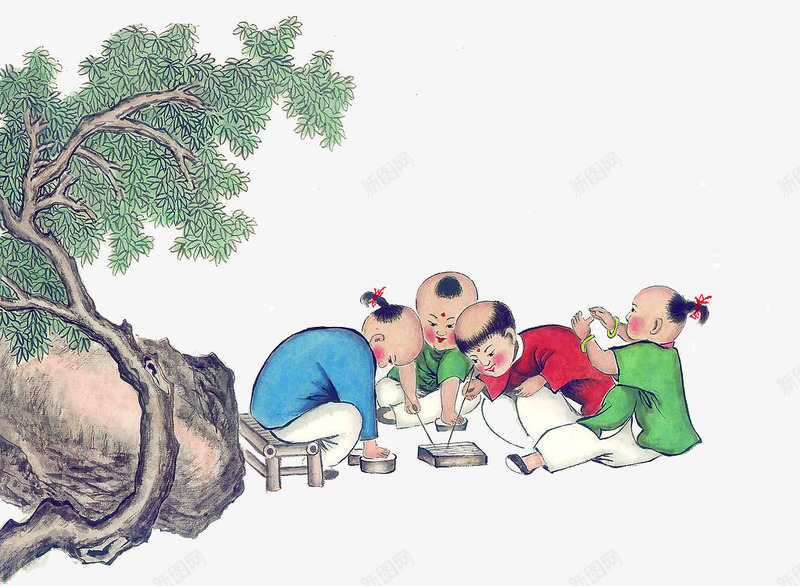 斗蛐蛐的小孩png免抠素材_新图网 https://ixintu.com 孩子 开心 时光不老 树荫 玩耍