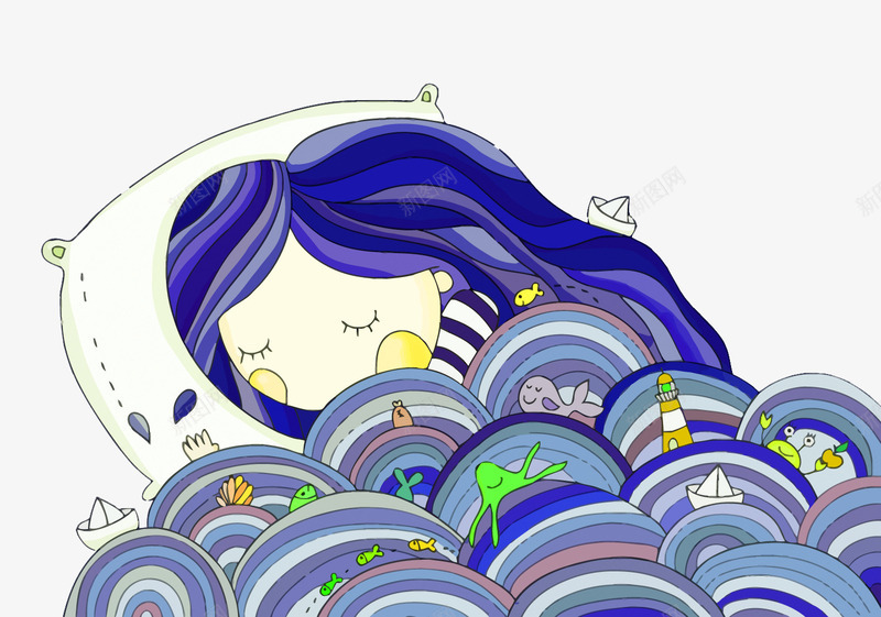 小孩子png免抠素材_新图网 https://ixintu.com 儿童简笔画 卡通 小孩 幼儿园 枕头 睡觉 童话风 蓝色