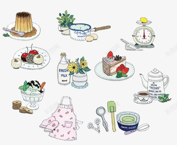 各种美食餐具png免抠素材_新图网 https://ixintu.com 手绘 插画 蛋糕