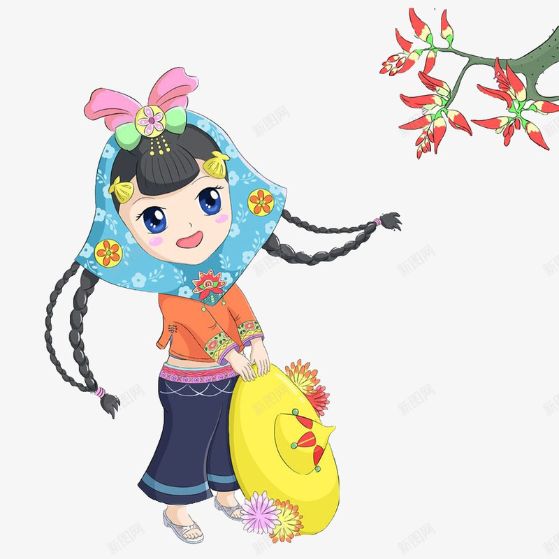 赏花的惠安女孩png免抠素材_新图网 https://ixintu.com 卡通 惠安女 惠安女孩 赏花 黄草帽