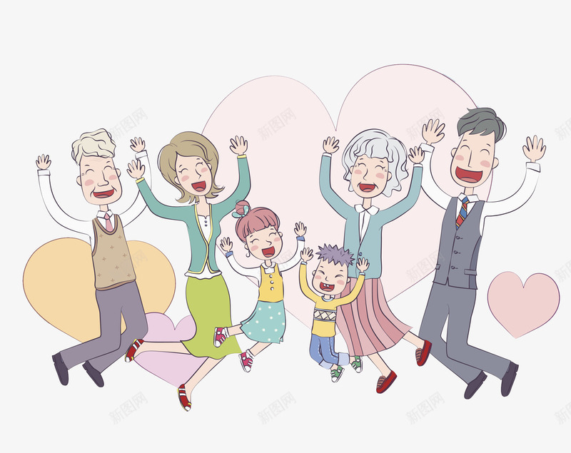 高兴地大家庭png免抠素材_新图网 https://ixintu.com 三代同堂 卡通 大家庭 小孩 手绘 插图 温馨的