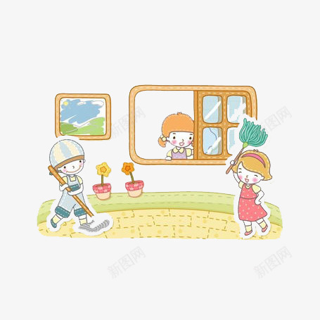家里大扫除png免抠素材_新图网 https://ixintu.com 家里大扫除 小孩 过年 门窗