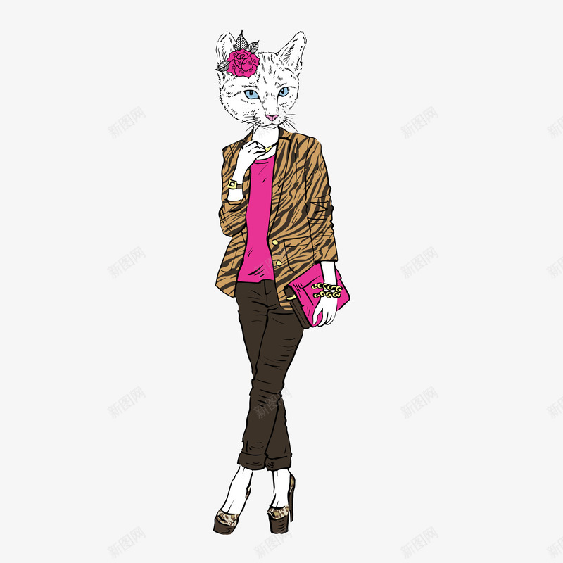 潮流猫女png免抠素材_新图网 https://ixintu.com 手绘 拟人化 猫女 线稿