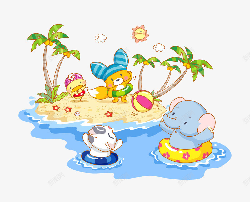 可爱动物生活主题矢量图ai免抠素材_新图网 https://ixintu.com 可爱动物 大象 沙滩 游泳 生活主题 矢量图