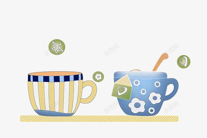 两个特殊图案的茶杯png免抠素材_新图网 https://ixintu.com 条纹 浅黄色 白花 蓝底